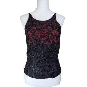 Cache' Corset Style Top S Black Beaded w/ Red Silk Lining Whimsey Goth Gothic